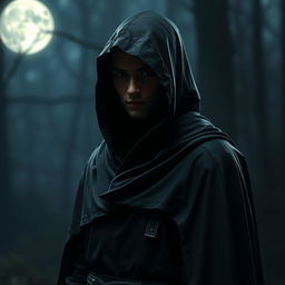 A mysterious figure clad in a sleek black cloak with a hood, standing in a dark, atmospheric setting