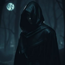 A mysterious figure clad in a sleek black cloak with a hood, standing in a dark, atmospheric setting