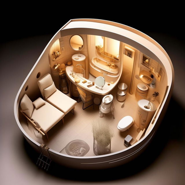 A top-view schematic of a vanity container for a celebrity, enchanted by curved architecture and encompassing a bathroom, sitting area, kitchenette, and makeup section for an ultimate luxury experience.