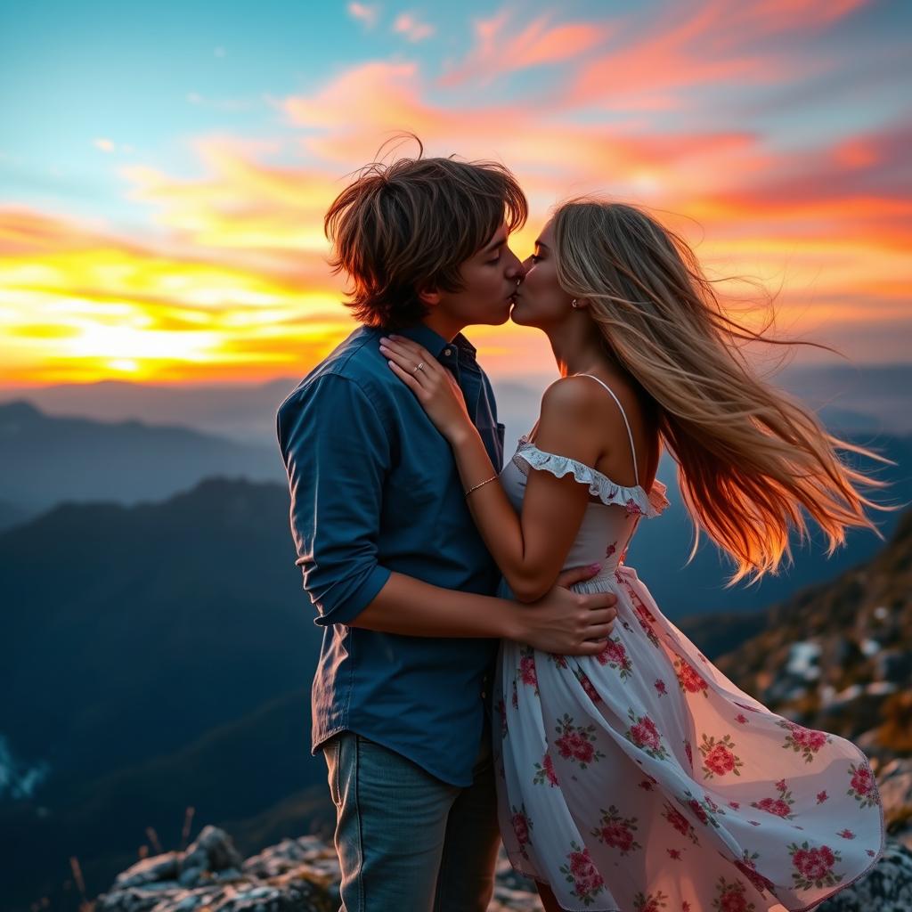 A romantic scene of a boy and girl kissing on a picturesque mountain top during sunset