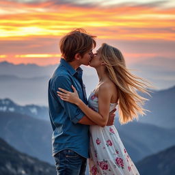 A romantic scene of a boy and girl kissing on a picturesque mountain top during sunset