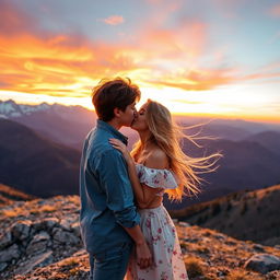 A romantic scene of a boy and girl kissing on a picturesque mountain top during sunset