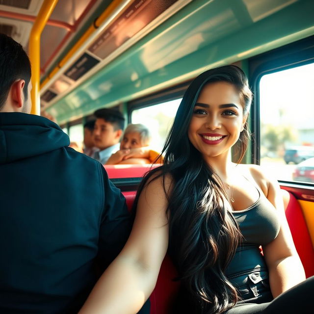 A beautiful woman with long black hair, curvy figure, wearing a stylish outfit, sitting next to a young man on a vibrant intercity bus