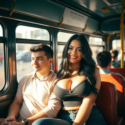 A beautiful woman with long black hair, curvy figure, wearing a stylish outfit, sitting next to a young man on a vibrant intercity bus