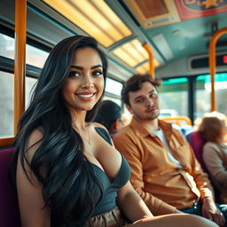 A beautiful woman with long black hair, curvy figure, wearing a stylish outfit, sitting next to a young man on a vibrant intercity bus