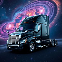 A futuristic longnose Freightliner Cascadia semi truck, featured in a sleek black color, set against a vast space background filled with stars, galaxies, and colorful nebulae