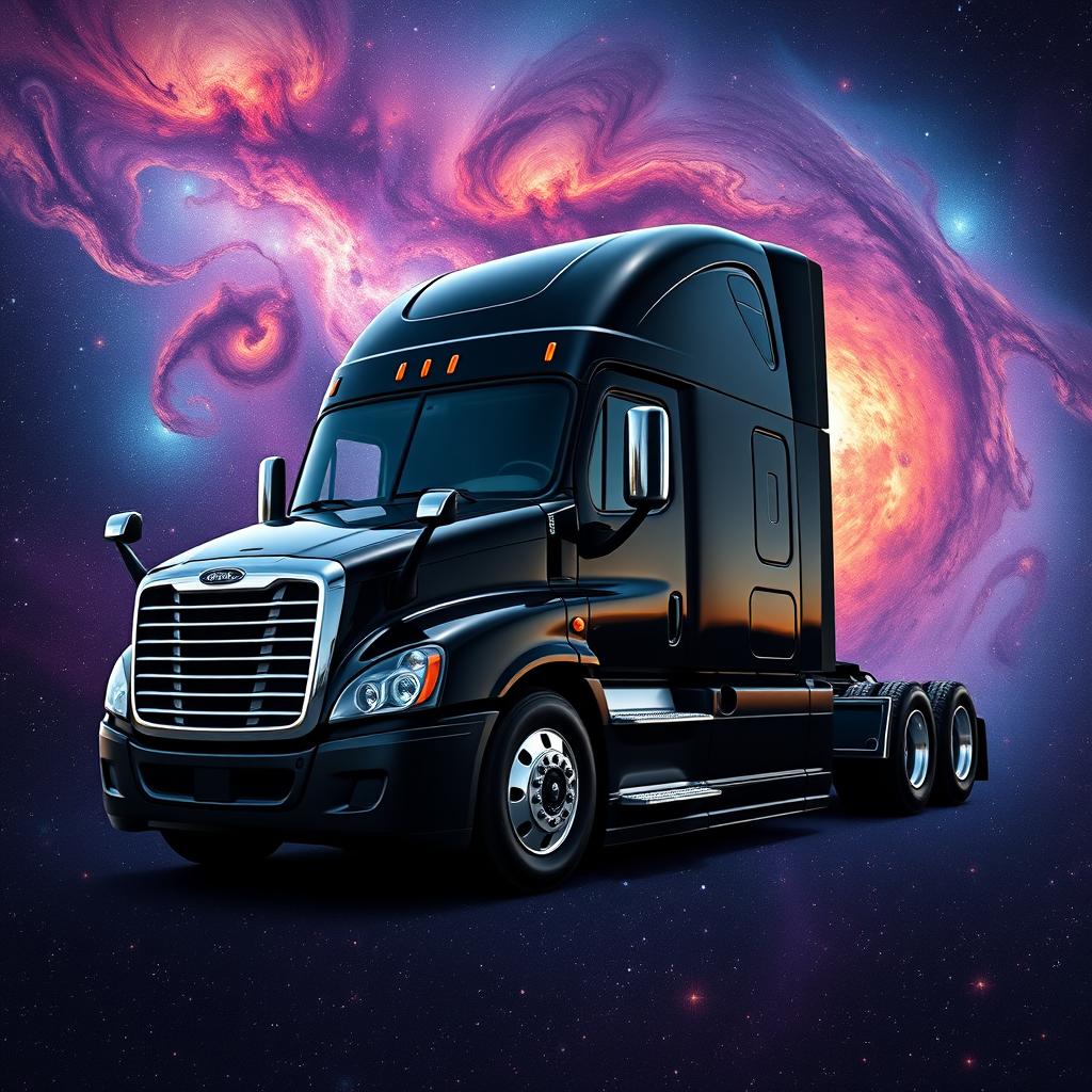 A futuristic longnose Freightliner Cascadia semi truck, featured in a sleek black color, set against a vast space background filled with stars, galaxies, and colorful nebulae