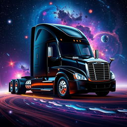 A futuristic longnose Freightliner Cascadia semi truck, featured in a sleek black color, set against a vast space background filled with stars, galaxies, and colorful nebulae