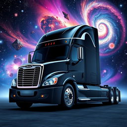 A futuristic longnose Freightliner Cascadia semi truck, featured in a sleek black color, set against a vast space background filled with stars, galaxies, and colorful nebulae