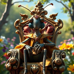 A humanoid cricket figure, with realistic features and intricate details, sitting confidently on an ornate throne