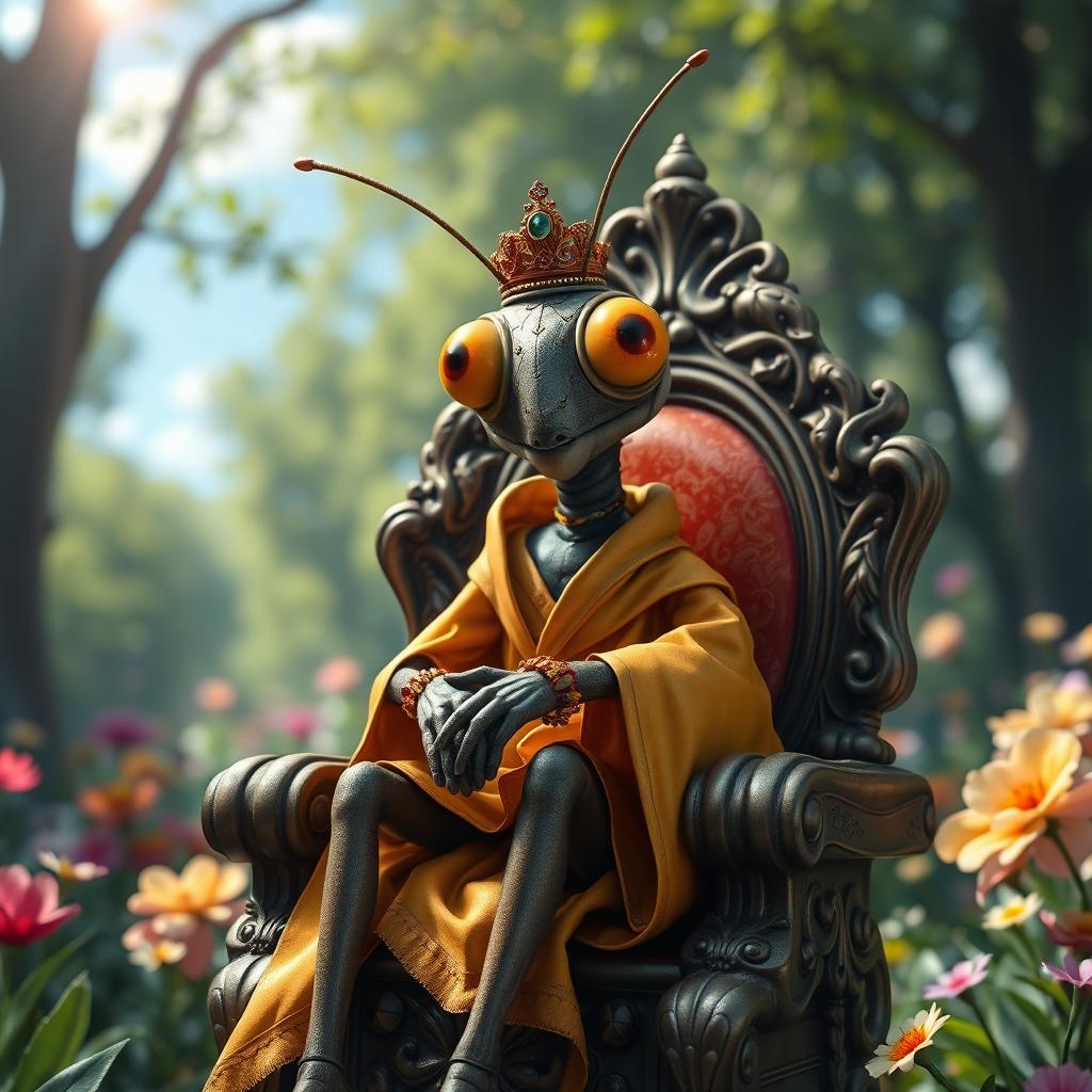 A humanoid cricket figure, with realistic features and intricate details, sitting confidently on an ornate throne