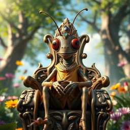A humanoid cricket figure, with realistic features and intricate details, sitting confidently on an ornate throne