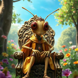 A humanoid cricket figure, with realistic features and intricate details, sitting confidently on an ornate throne