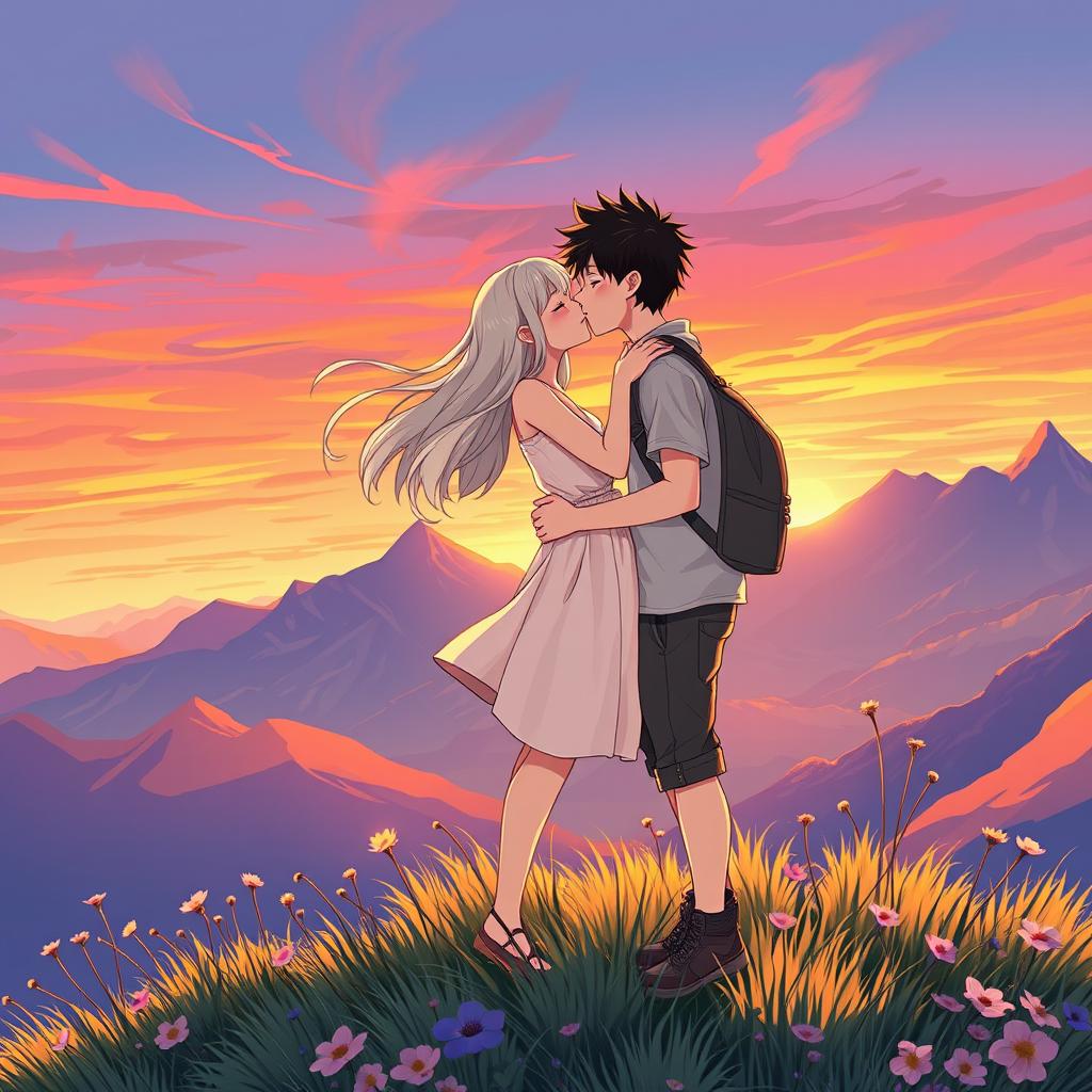 An anime-style illustration of a young couple sharing a tender kiss on a beautiful mountain peak