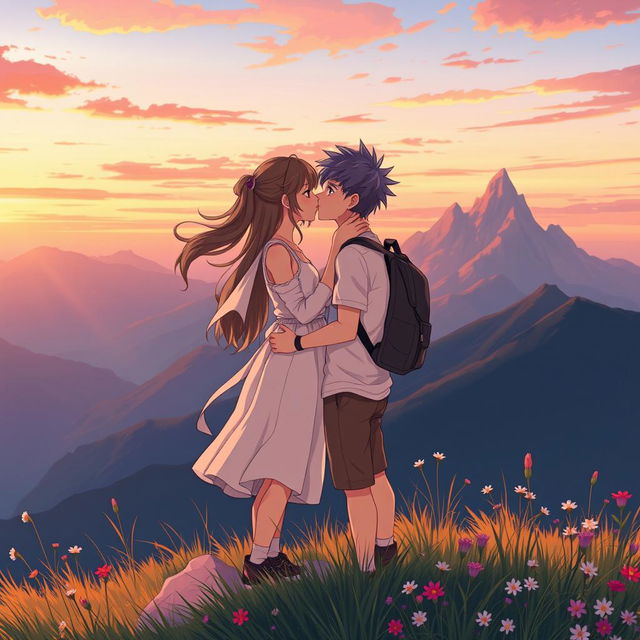 An anime-style illustration of a young couple sharing a tender kiss on a beautiful mountain peak