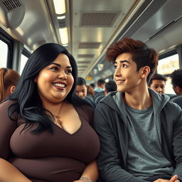 A large-sized woman with black hair and large breasts sitting next to a young man on an intercity bus