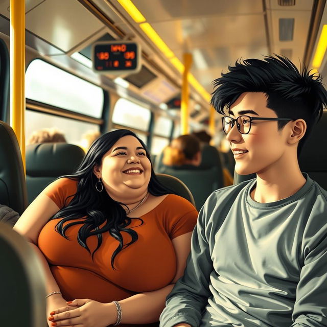 A large-sized woman with black hair and large breasts sitting next to a young man on an intercity bus