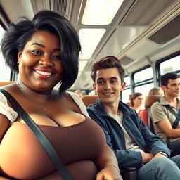 A large-sized woman with black hair and large breasts sitting next to a young man on an intercity bus