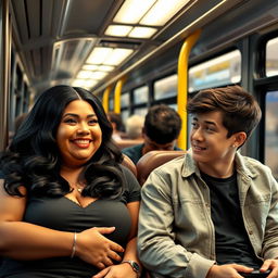 A large-sized woman with black hair and large breasts sitting next to a young man on an intercity bus