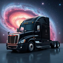 A futuristic longnose Freightliner Cascadia semi truck positioned in front of a realistic representation of the Andromeda Galaxy