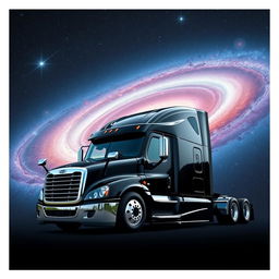 A futuristic longnose Freightliner Cascadia semi truck positioned in front of a realistic representation of the Andromeda Galaxy