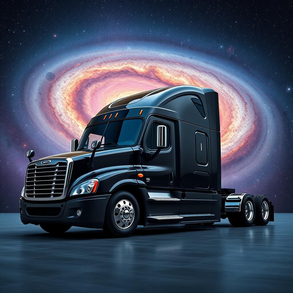 A futuristic longnose Freightliner Cascadia semi truck positioned in front of a realistic representation of the Andromeda Galaxy