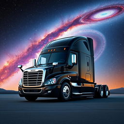A futuristic longnose Freightliner Cascadia semi truck positioned in front of a realistic representation of the Andromeda Galaxy