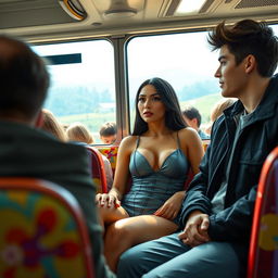 A scene depicting a beautiful woman with long black hair and large breasts sitting next to a young man on a bustling intercity bus, showcasing a lively atmosphere with passengers around