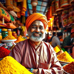 A vivid portrait of Dharampal Gulati, the founder of MDH spices, depicted in a vibrant spice market