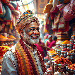 A vivid portrait of Dharampal Gulati, the founder of MDH spices, depicted in a vibrant spice market