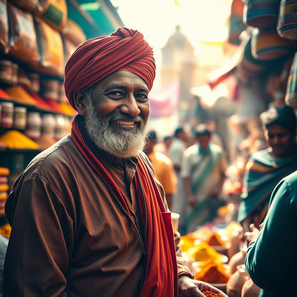 A vivid portrait of Dharampal Gulati, the founder of MDH spices, depicted in a vibrant spice market