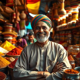 A vivid portrait of Dharampal Gulati, the founder of MDH spices, depicted in a vibrant spice market