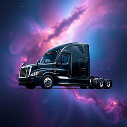 A sleek black Freightliner Cascadia semi truck positioned majestically in the depths of space, surrounded by a stunning cosmic scenery
