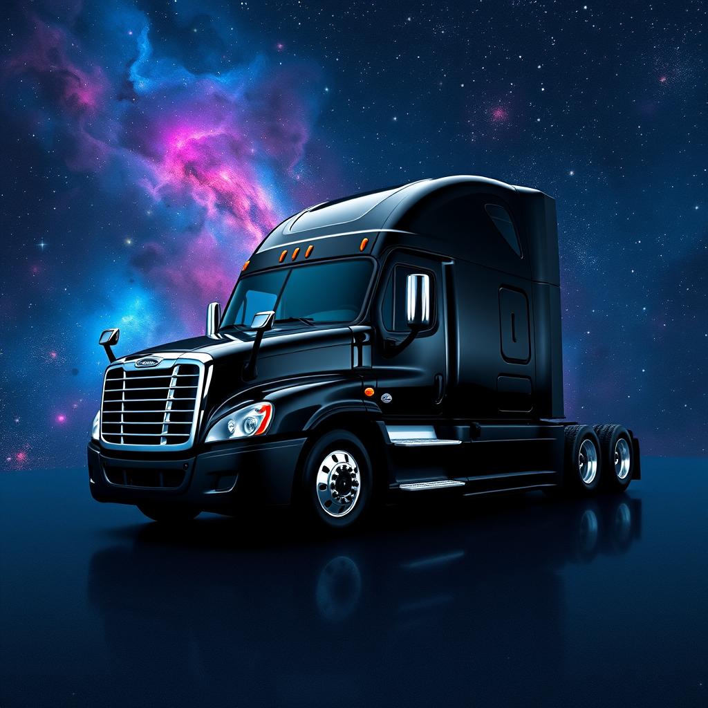 A sleek black Freightliner Cascadia semi truck positioned majestically in the depths of space, surrounded by a stunning cosmic scenery