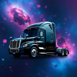 A sleek black Freightliner Cascadia semi truck positioned majestically in the depths of space, surrounded by a stunning cosmic scenery