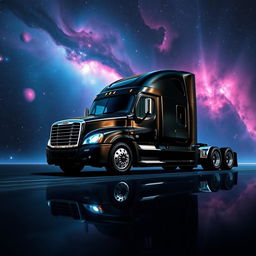 A sleek black Freightliner Cascadia semi truck positioned majestically in the depths of space, surrounded by a stunning cosmic scenery