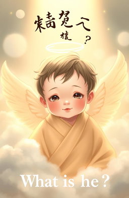 A serene child wearing a flowing heavenly robe, adorned with beautiful angelic wings, surrounded by soft, fluffy clouds