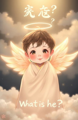 A serene child wearing a flowing heavenly robe, adorned with beautiful angelic wings, surrounded by soft, fluffy clouds