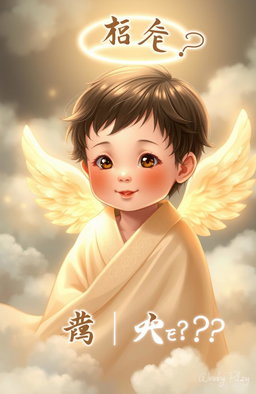 A serene child wearing a flowing heavenly robe, adorned with beautiful angelic wings, surrounded by soft, fluffy clouds
