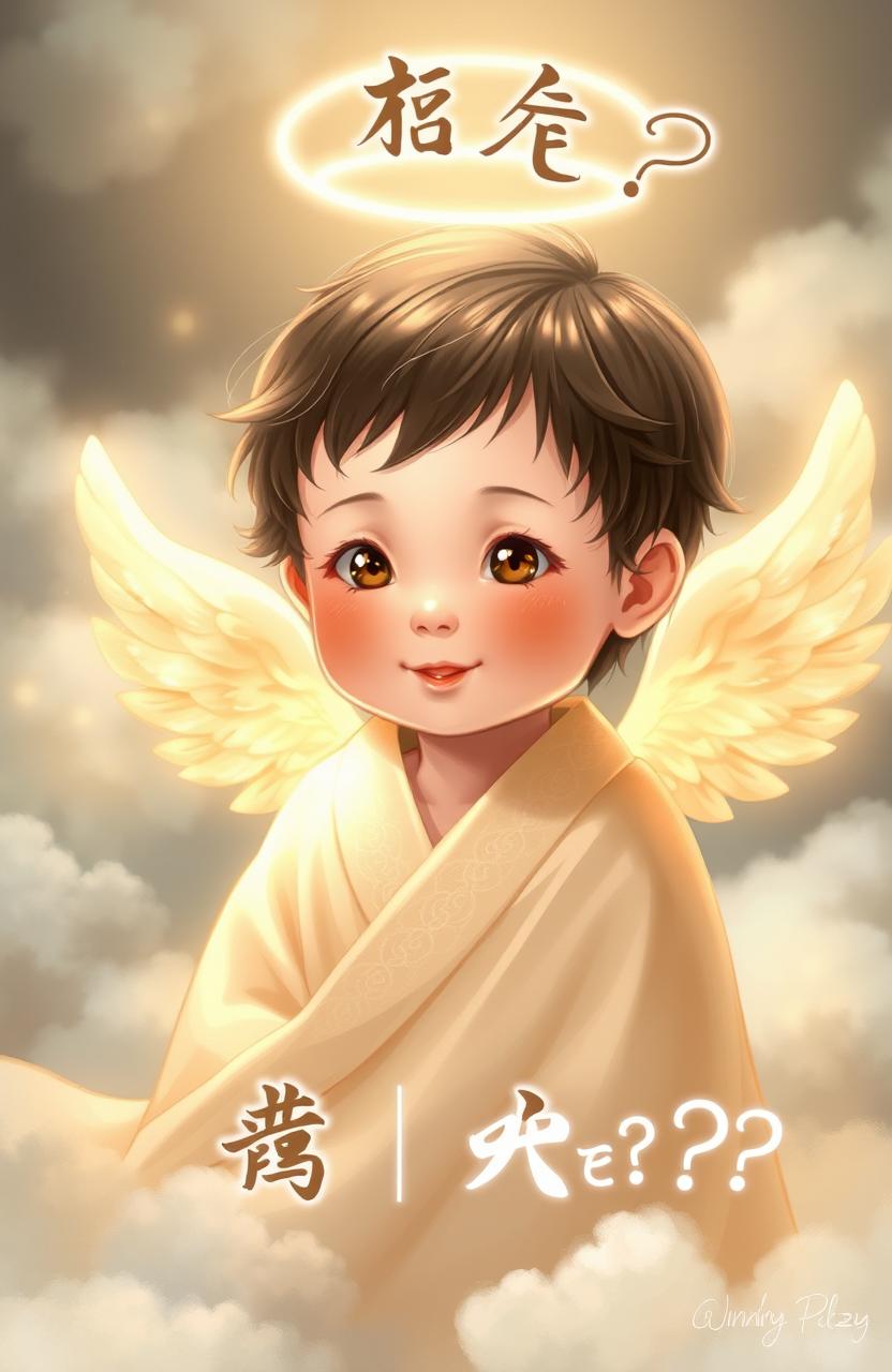 A serene child wearing a flowing heavenly robe, adorned with beautiful angelic wings, surrounded by soft, fluffy clouds