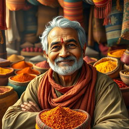 A vibrant artistic representation of a hardworking and determined middle-aged man, inspired by the spirit of Dharampal Gulati, the founder of a famous spice company