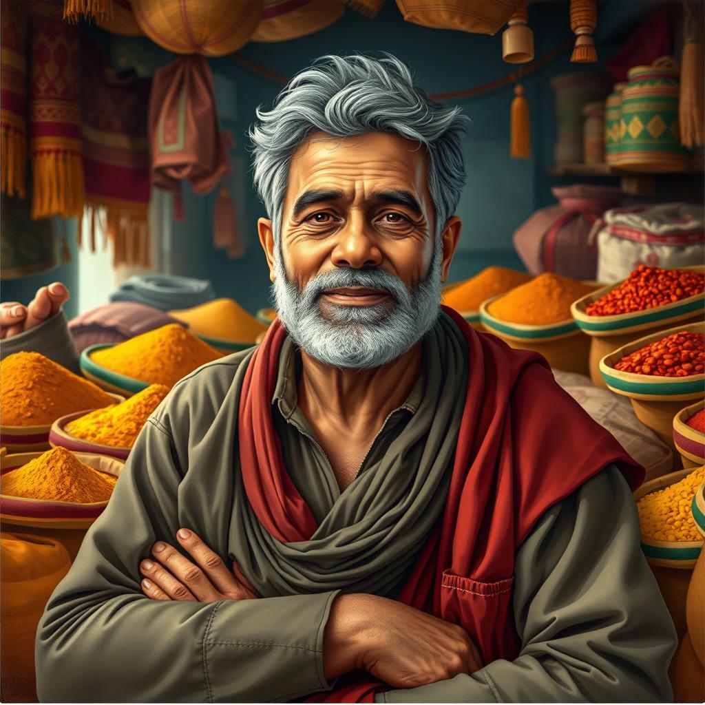 A vibrant artistic representation of a hardworking and determined middle-aged man, inspired by the spirit of Dharampal Gulati, the founder of a famous spice company