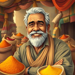 A vibrant artistic representation of a hardworking and determined middle-aged man, inspired by the spirit of Dharampal Gulati, the founder of a famous spice company