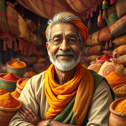 A vibrant artistic representation of a hardworking and determined middle-aged man, inspired by the spirit of Dharampal Gulati, the founder of a famous spice company