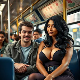 A black-haired woman with large breasts sitting next to a young man on a city bus