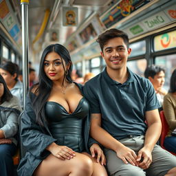 A black-haired woman with large breasts sitting next to a young man on a city bus