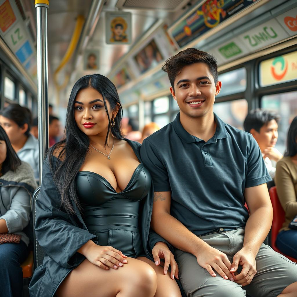 A black-haired woman with large breasts sitting next to a young man on a city bus