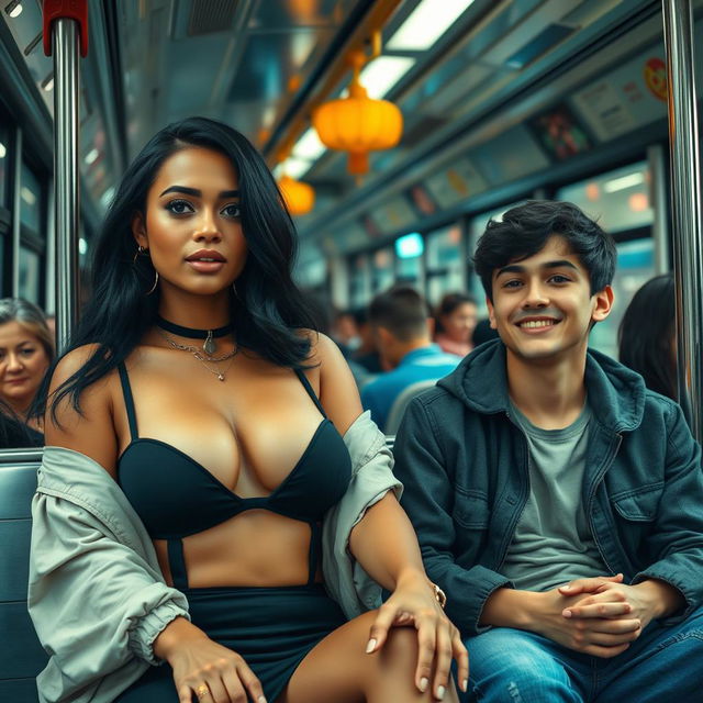 A black-haired woman with large breasts sitting next to a young man on a city bus