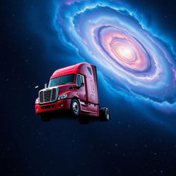 A shiny red Freightliner Cascadia semi truck floating gracefully in the vastness of space, surrounded by a breathtaking cosmic scenery