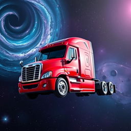 A shiny red Freightliner Cascadia semi truck floating gracefully in the vastness of space, surrounded by a breathtaking cosmic scenery